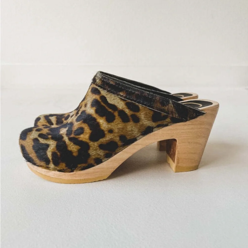 No. 6 Store New School deep lake Clog clogs mules wooden Leopard Pony calf hair - Picture 2 of 9